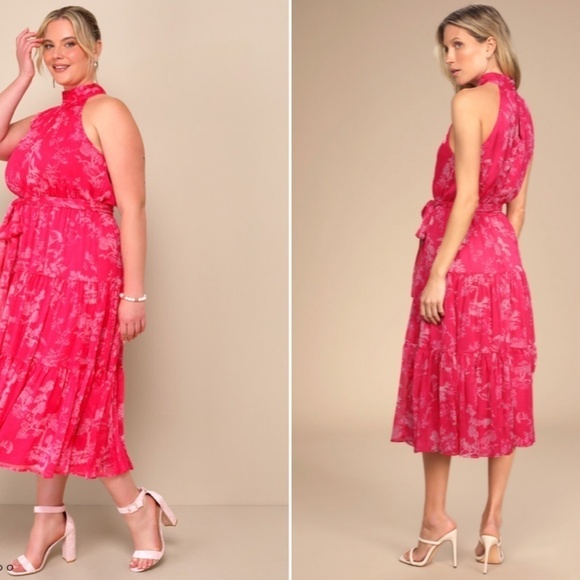 LULU's Floral Sexy Flowy Chic Halter Neck Modern Hot Pink Midi Dress NWOT - Picture 4 of 6